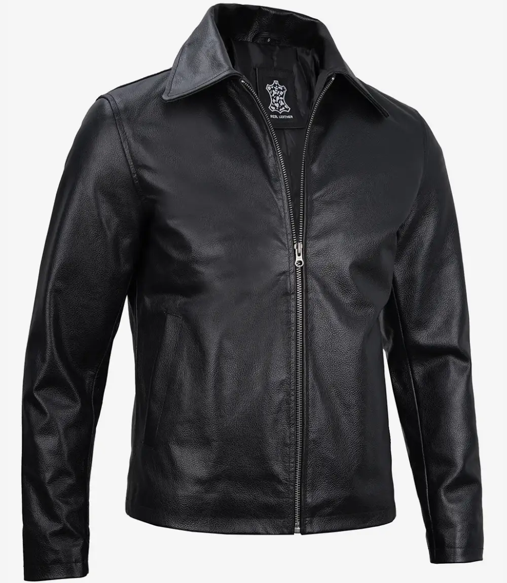 Mens Black Shirt Collar Cowhide Leather Jacket