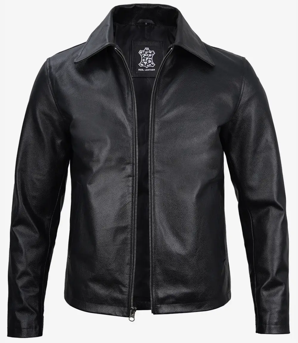 Mens Black Shirt Collar Cowhide Leather Jacket