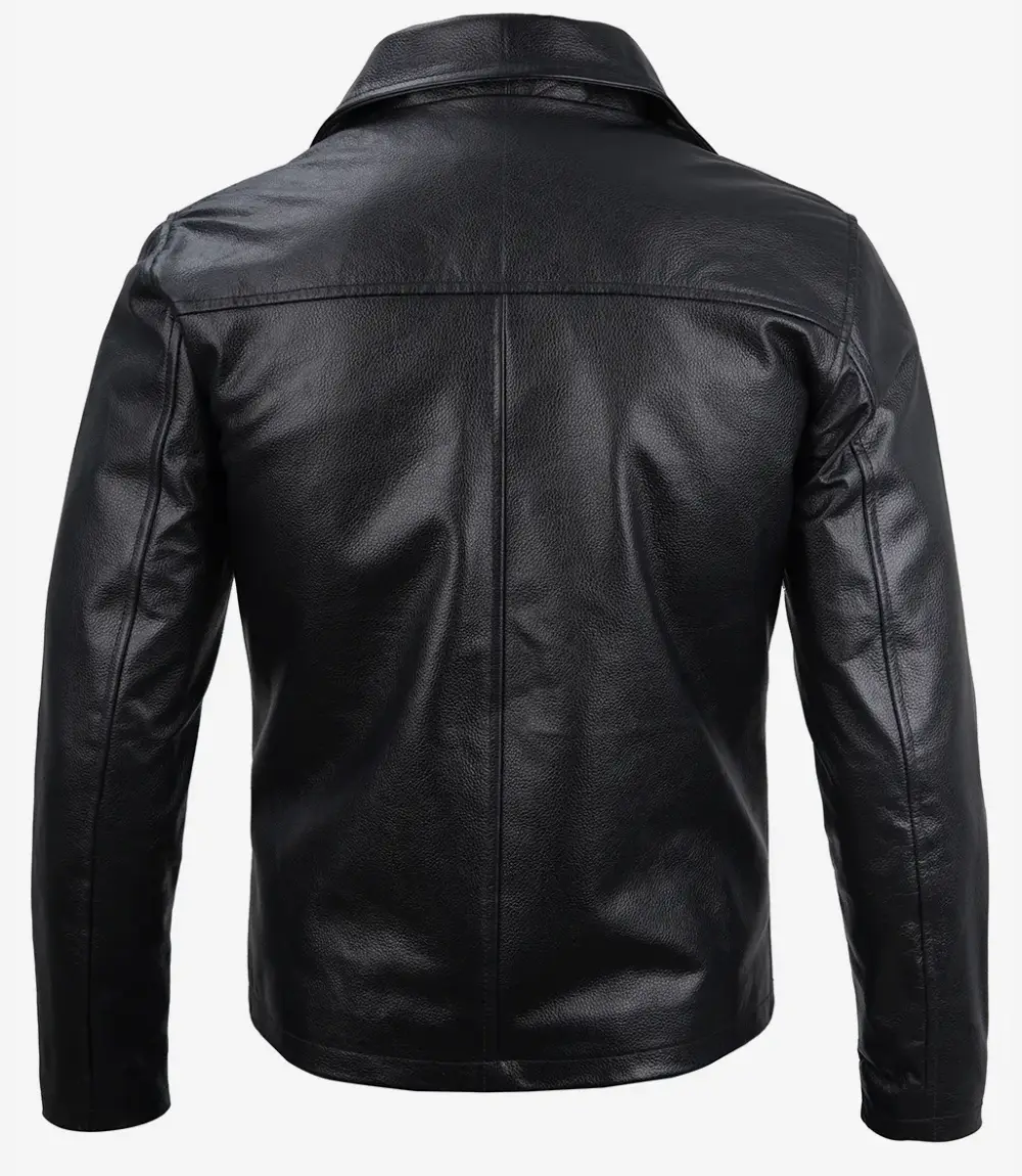 Mens Black Shirt Collar Cowhide Leather Jacket