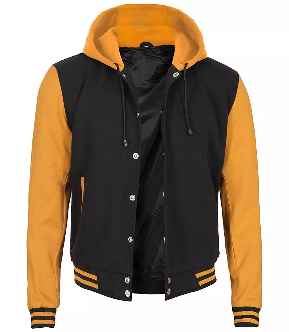 Mens Yellow Black Varsity Jacket with Hood - College Letterman