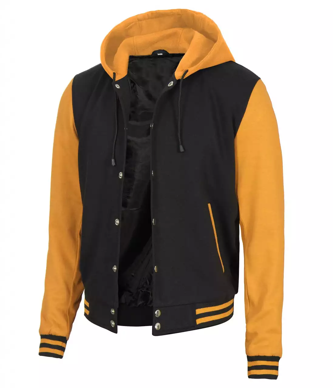 Mens Yellow Black Varsity Jacket with Hood - College Letterman