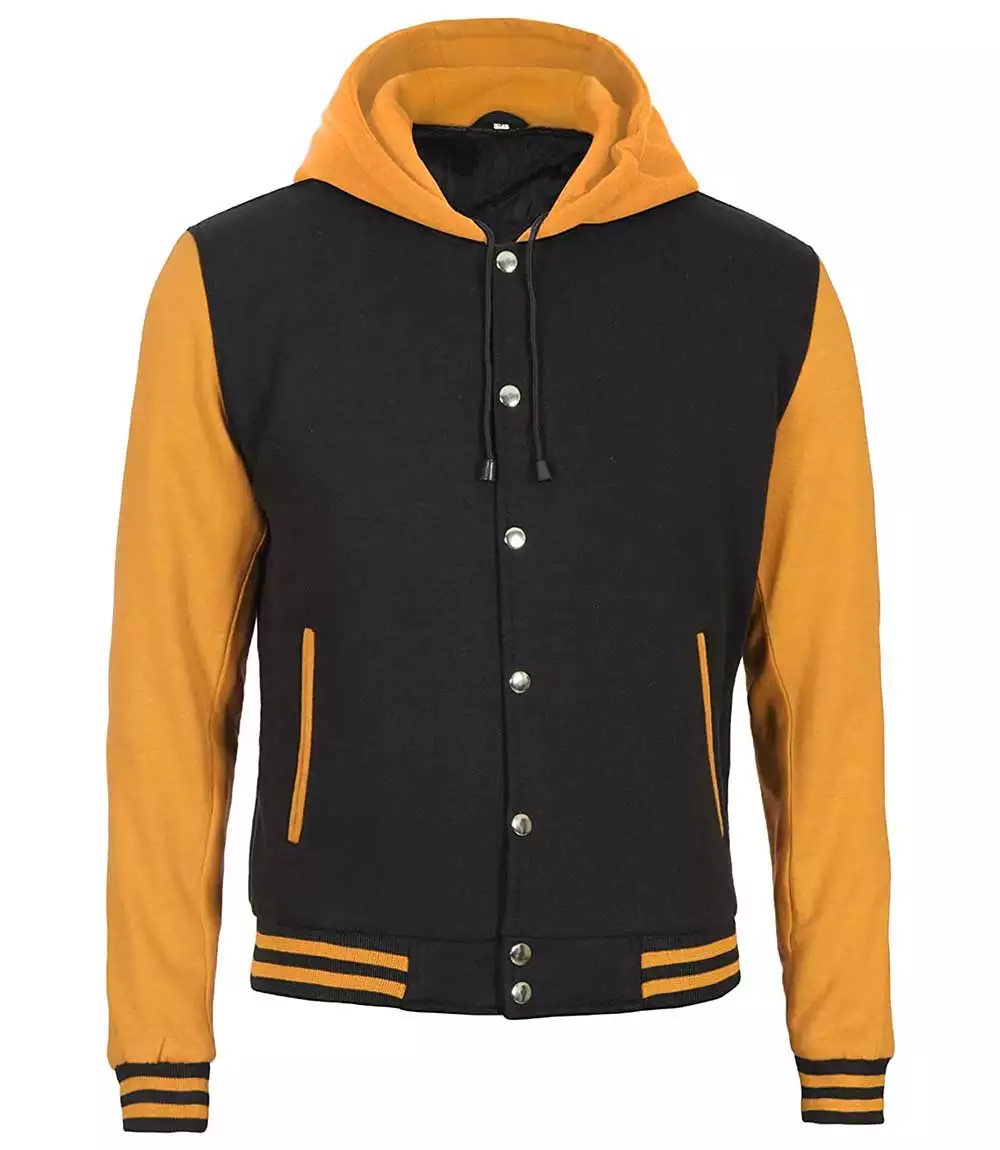 Mens Yellow Black Varsity Jacket with Hood - College Letterman