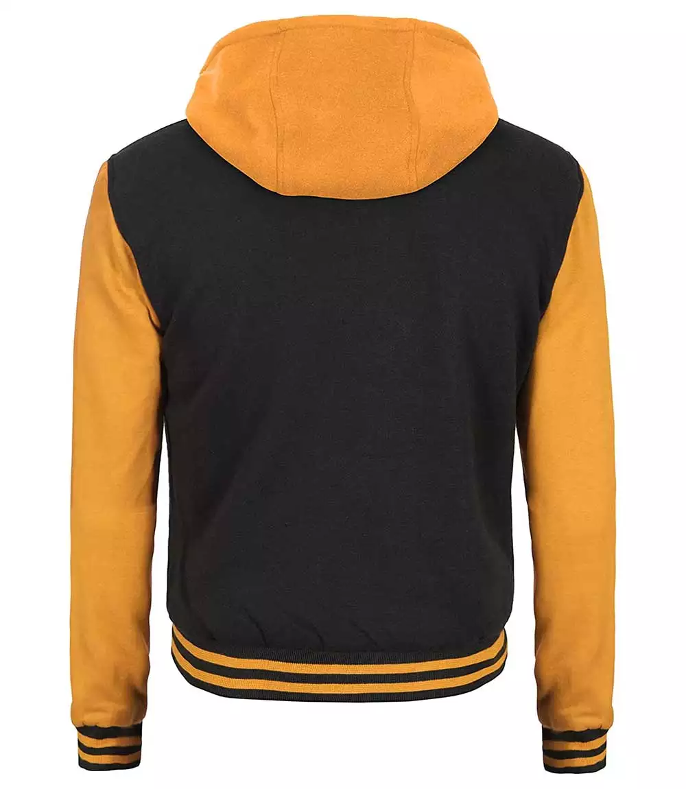 Mens Yellow Black Varsity Jacket with Hood - College Letterman