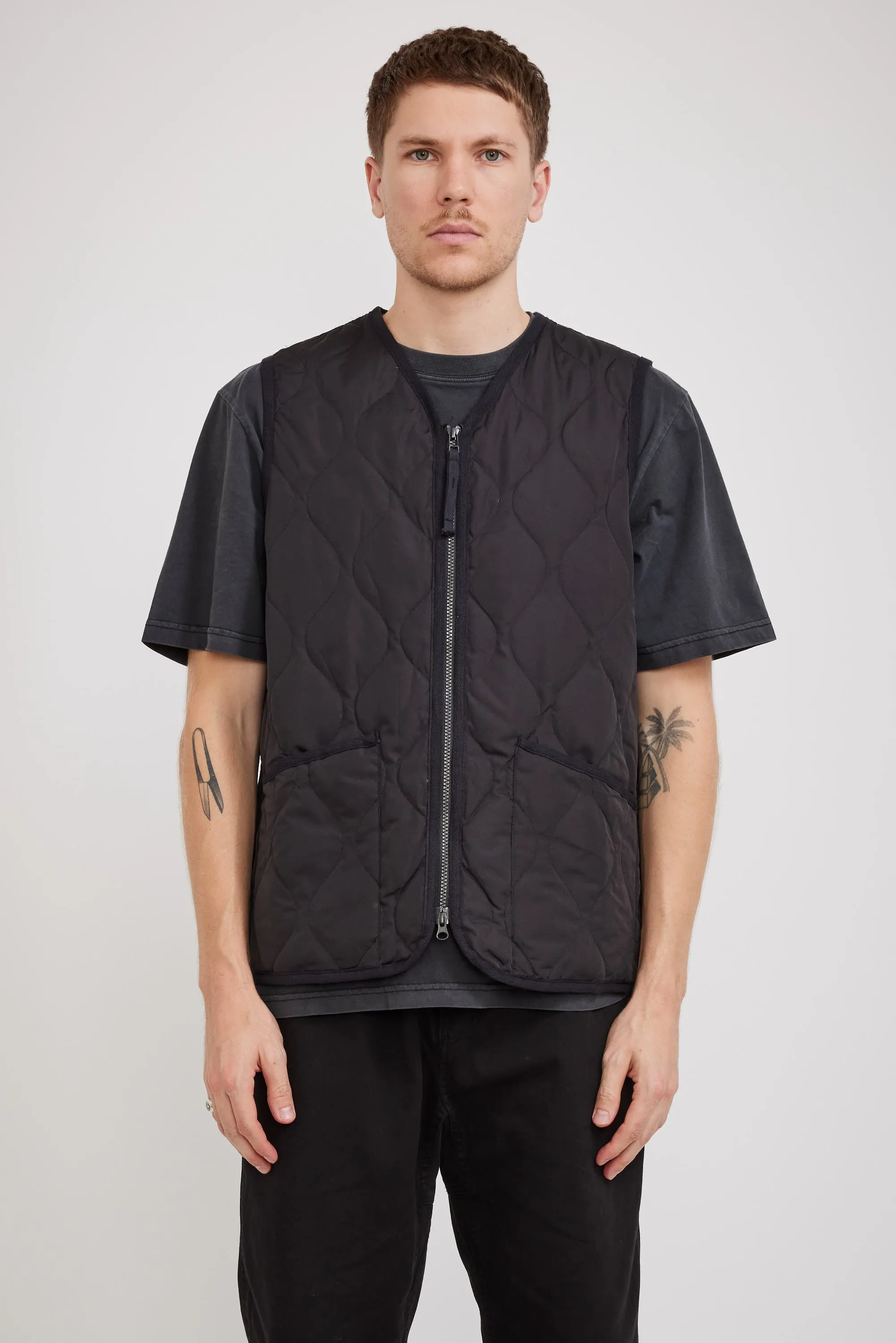 Military Zip V Neck Down Vest Black