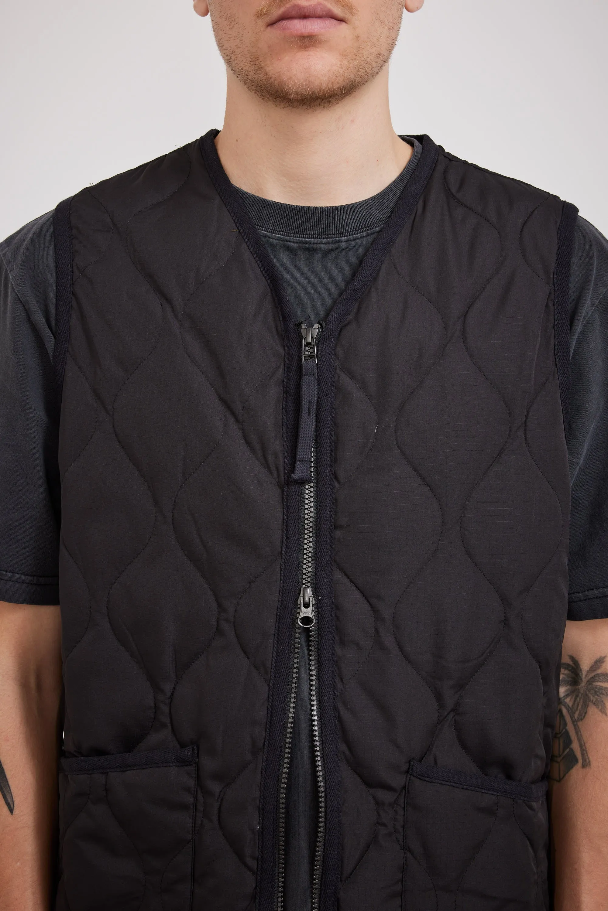 Military Zip V Neck Down Vest Black