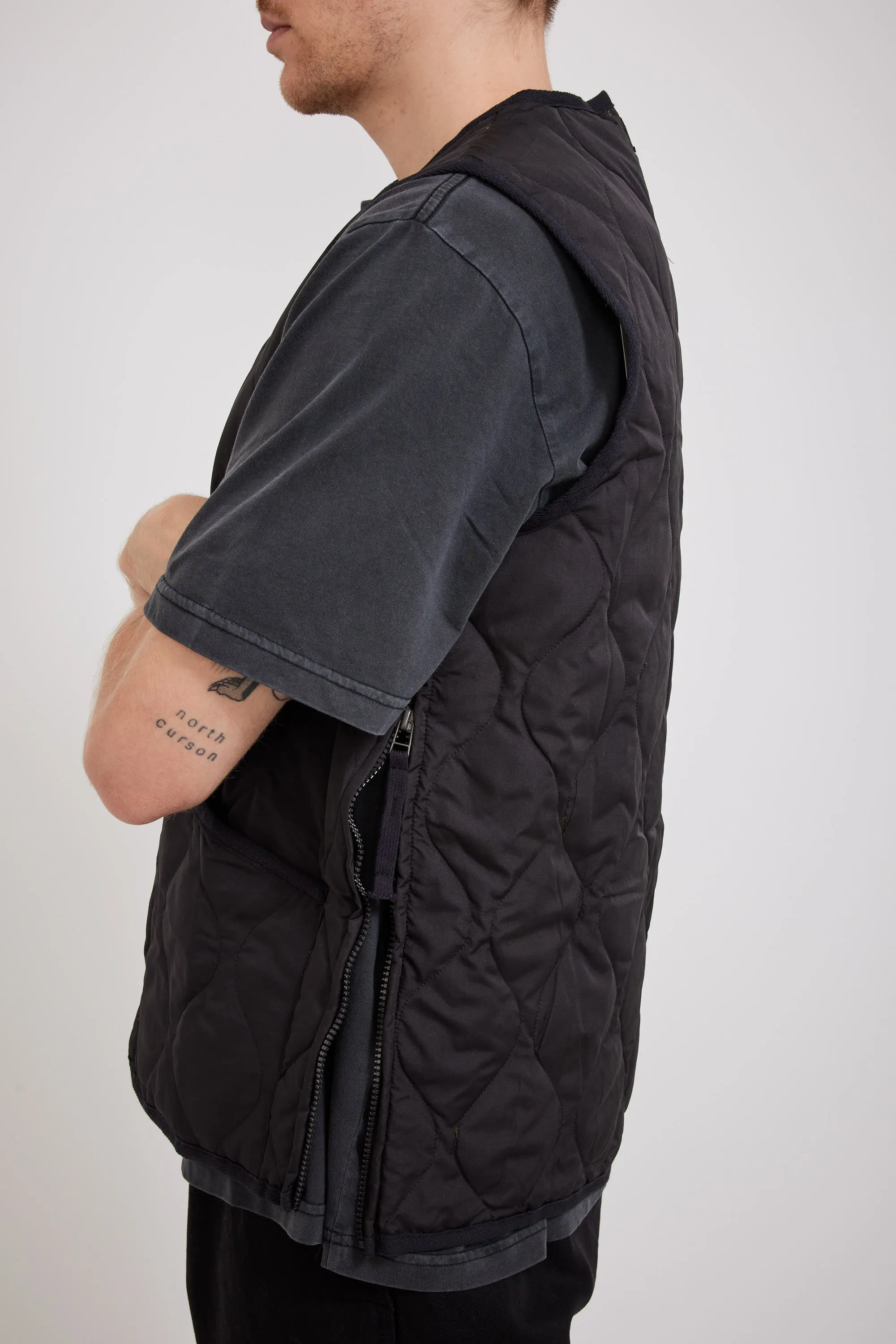 Military Zip V Neck Down Vest Black