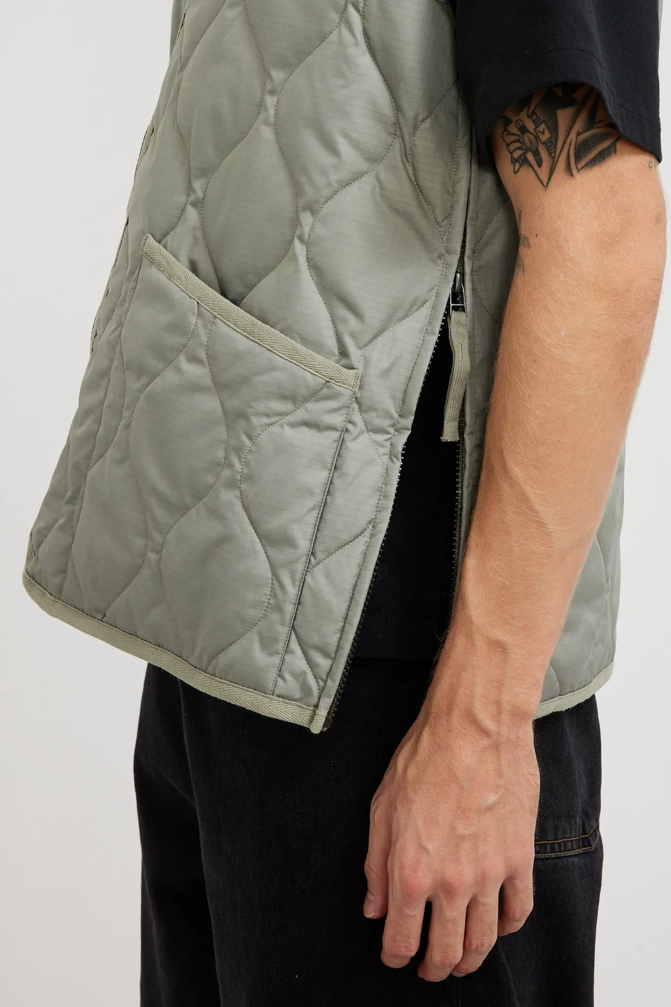 Military Zip V Neck Down Vest Dark Sage Green