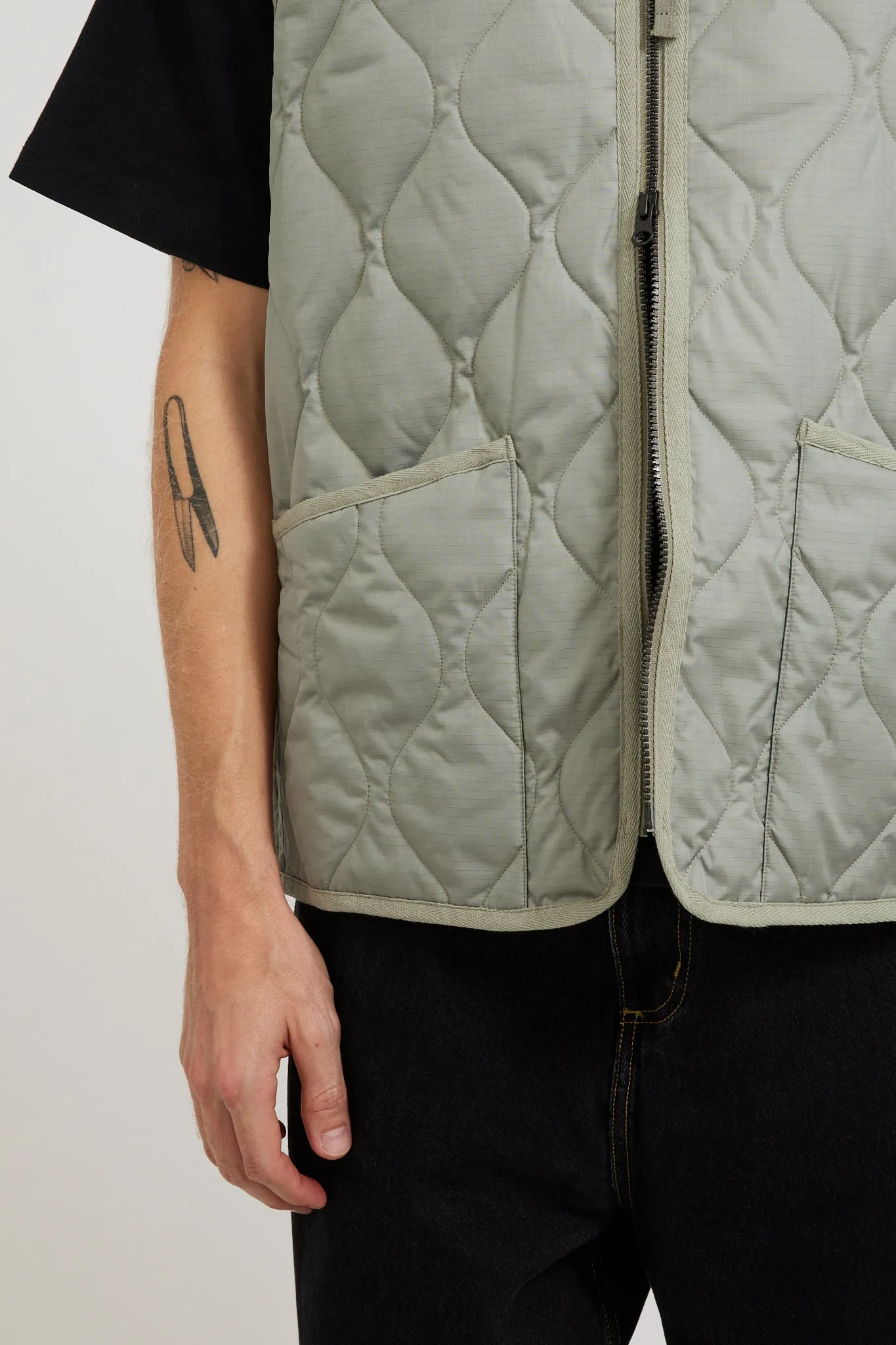 Military Zip V Neck Down Vest Dark Sage Green