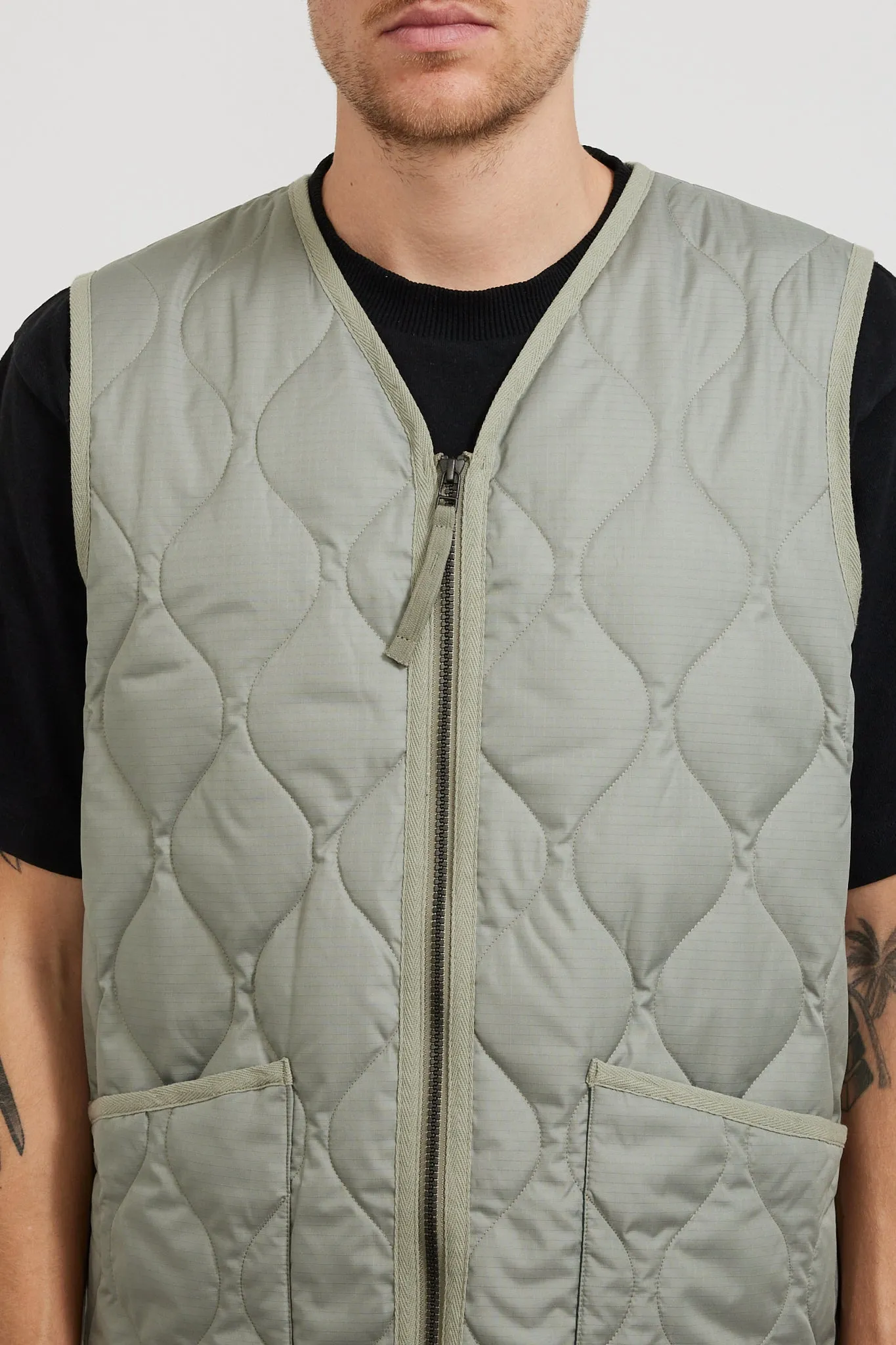 Military Zip V Neck Down Vest Dark Sage Green