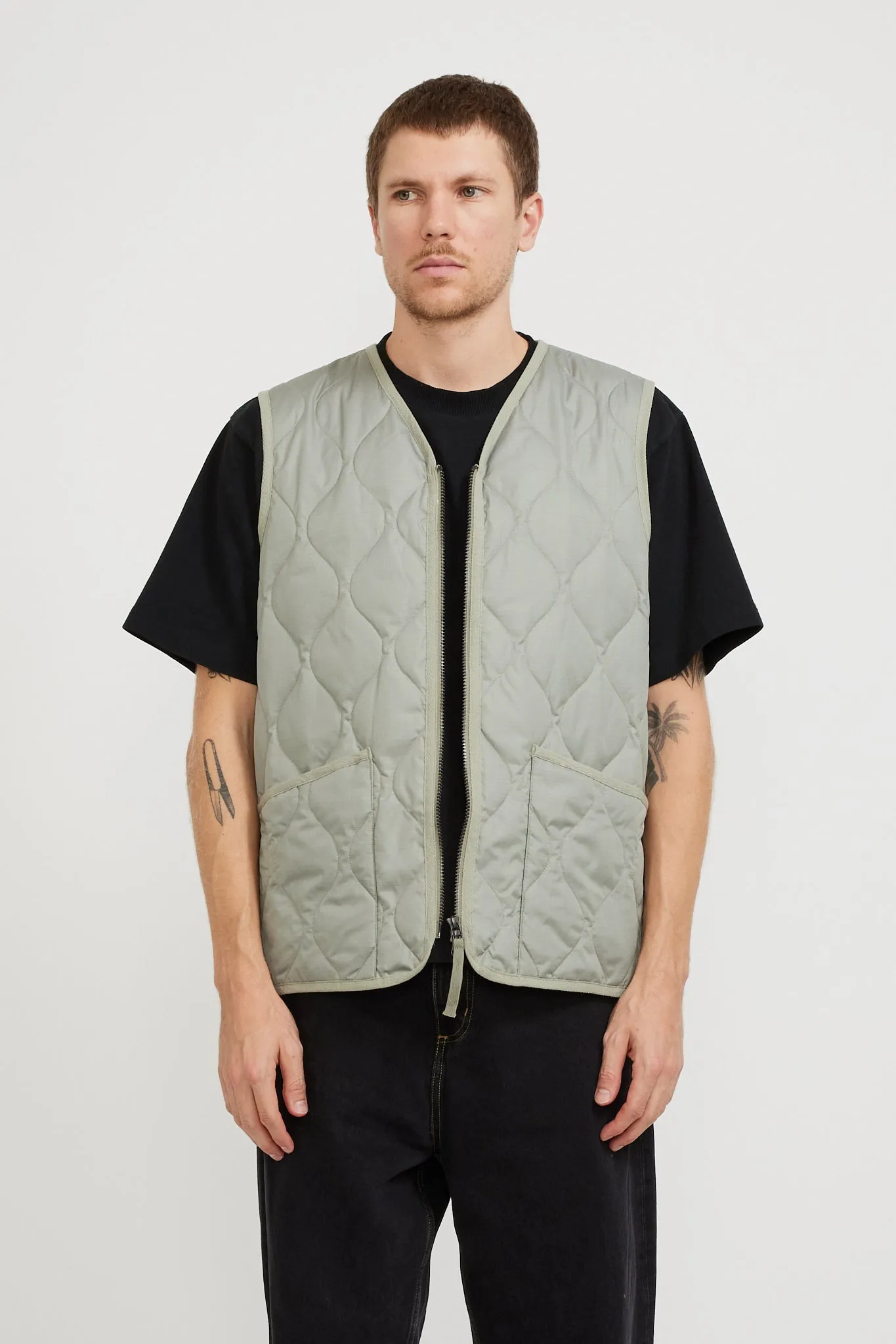 Military Zip V Neck Down Vest Dark Sage Green