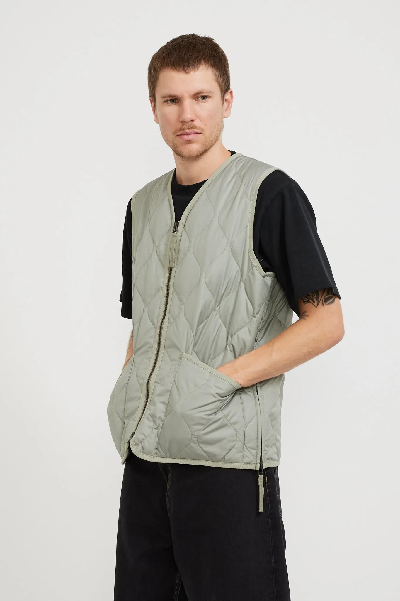 Military Zip V Neck Down Vest Dark Sage Green