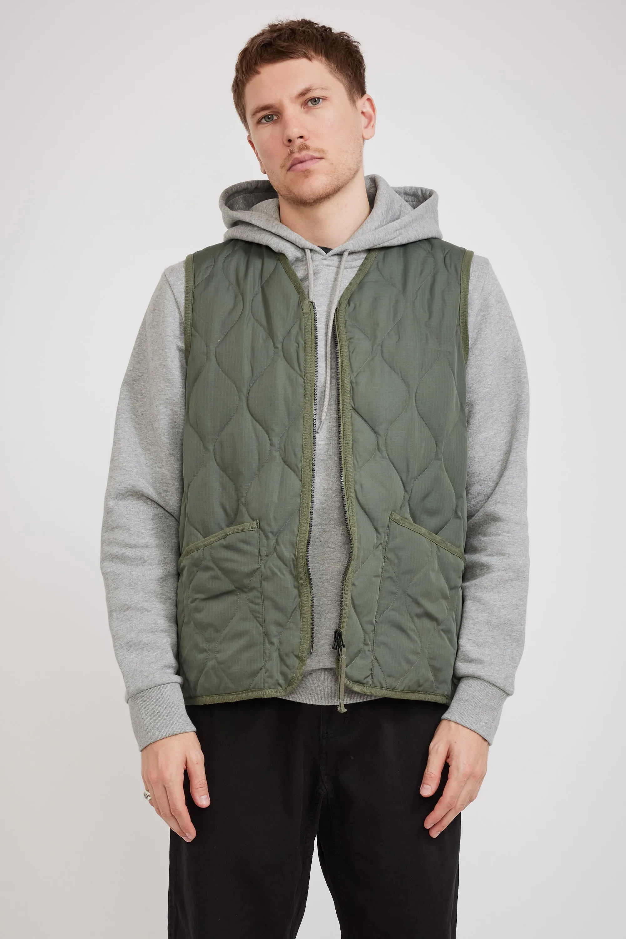 Military Zip V Neck Down Vest Olive