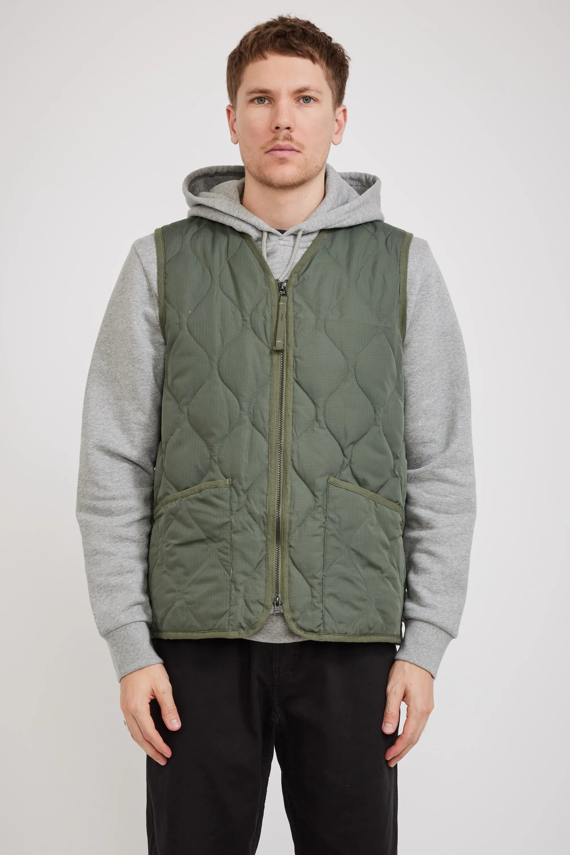 Military Zip V Neck Down Vest Olive