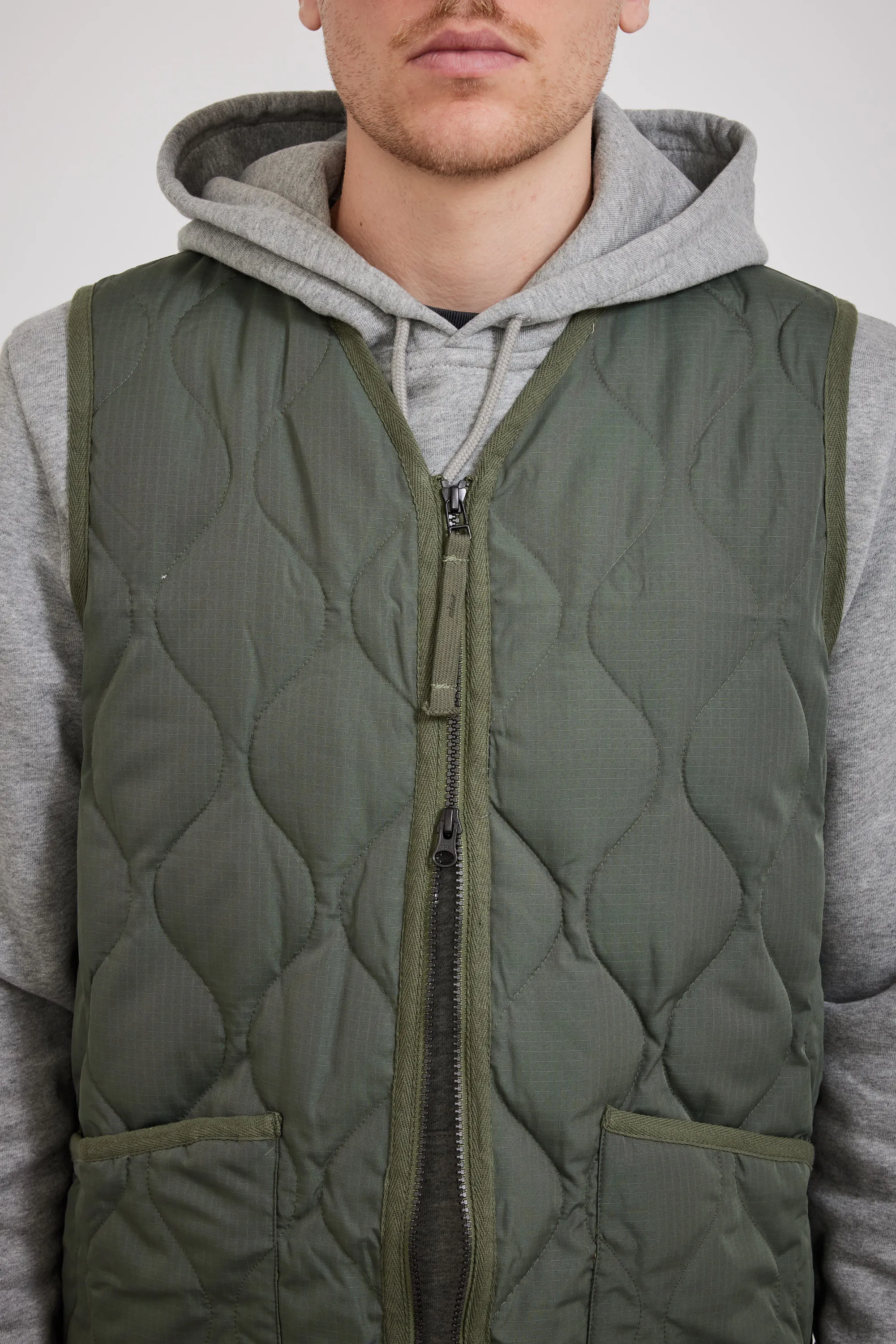 Military Zip V Neck Down Vest Olive