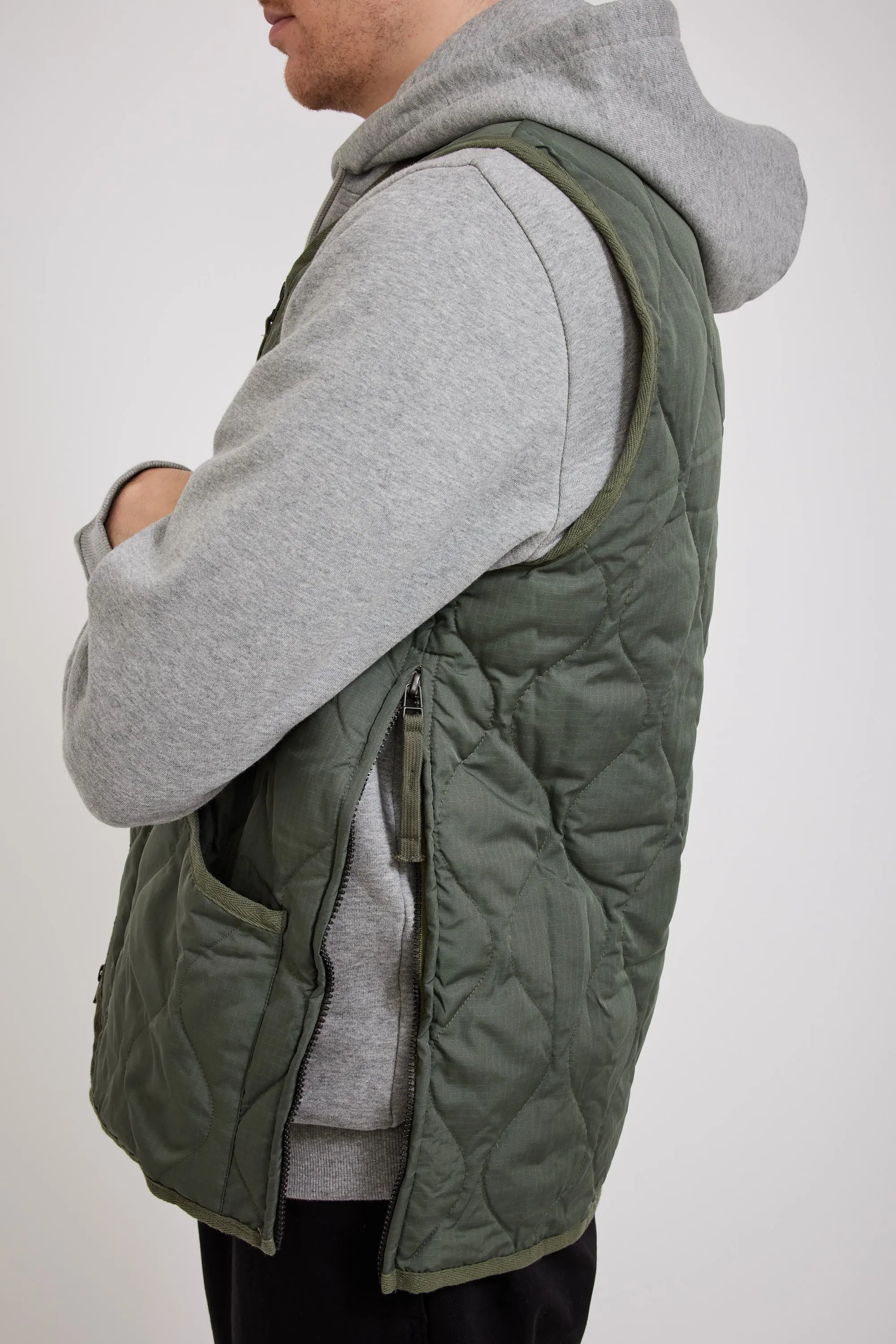 Military Zip V Neck Down Vest Olive