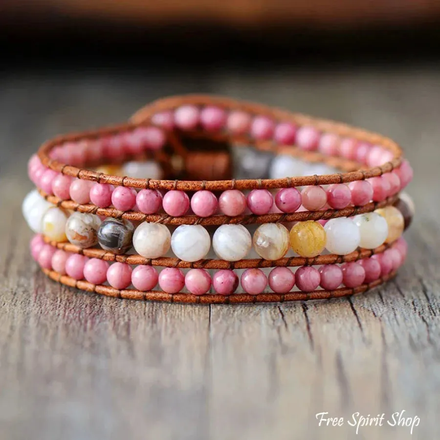 Natural Rhodonite & Amazonite Beaded Wrap Bracelet