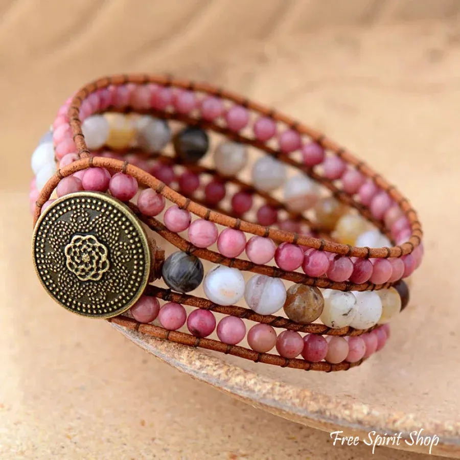 Natural Rhodonite & Amazonite Beaded Wrap Bracelet