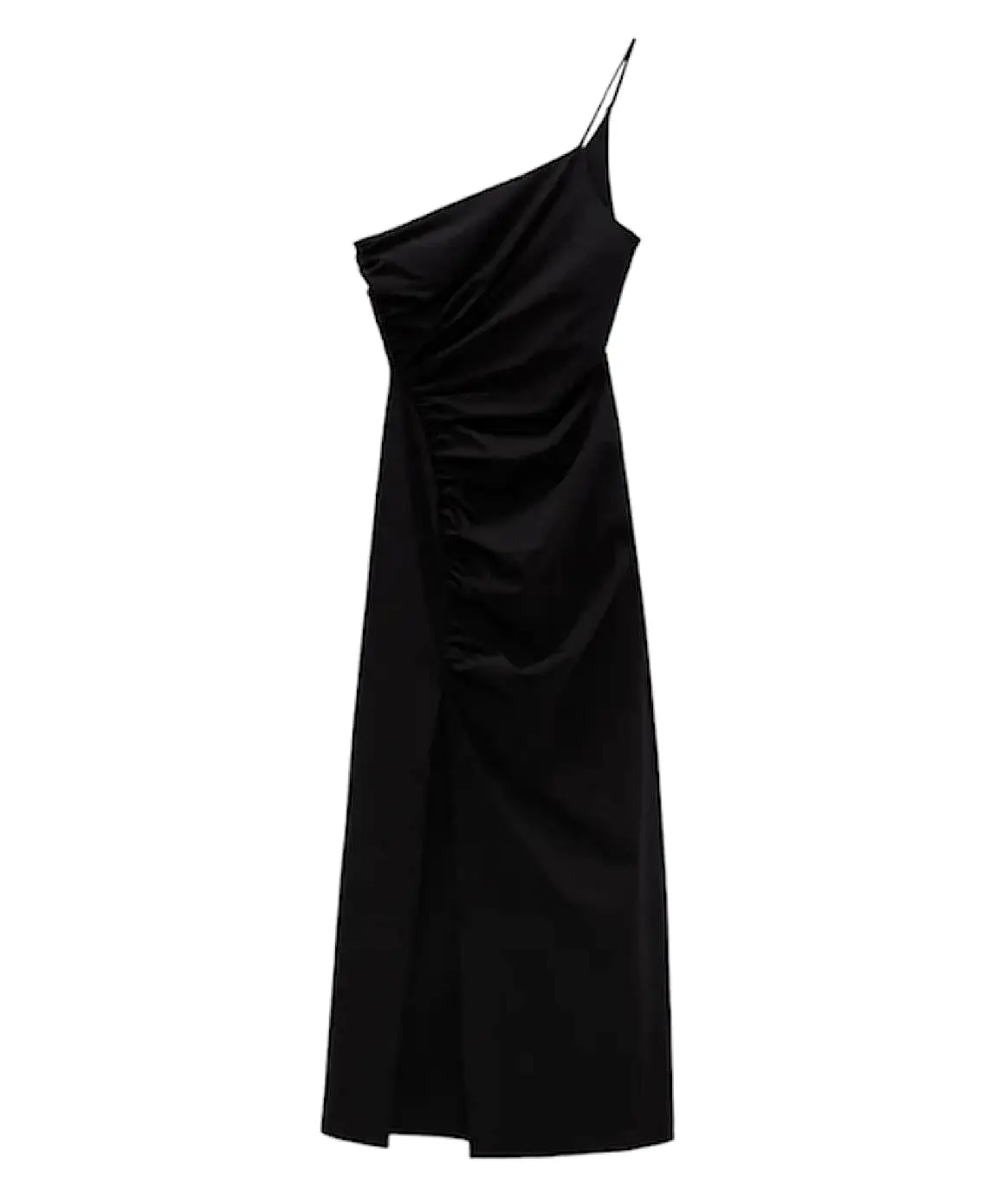 One Strap Ruched High Slit Dress In Black