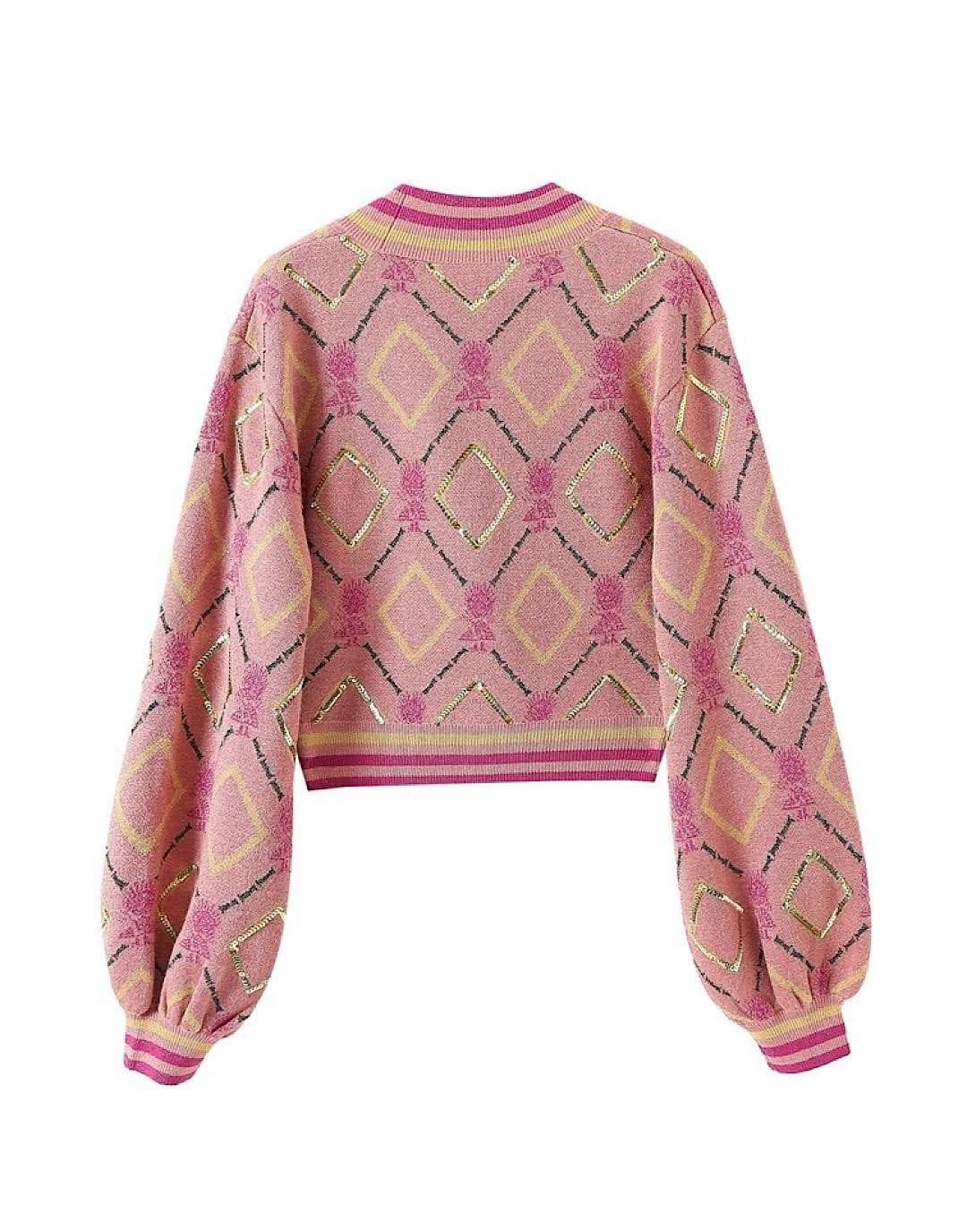 Pink Sequin Patterned Cropped Cardigan