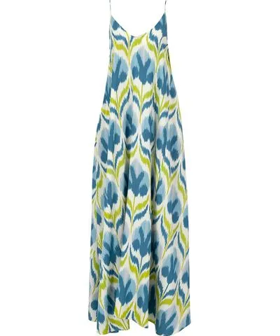 Punicana Women's Blue / Green Asli Fringe Dress In Blue Floral Silk/Cotton Ikat