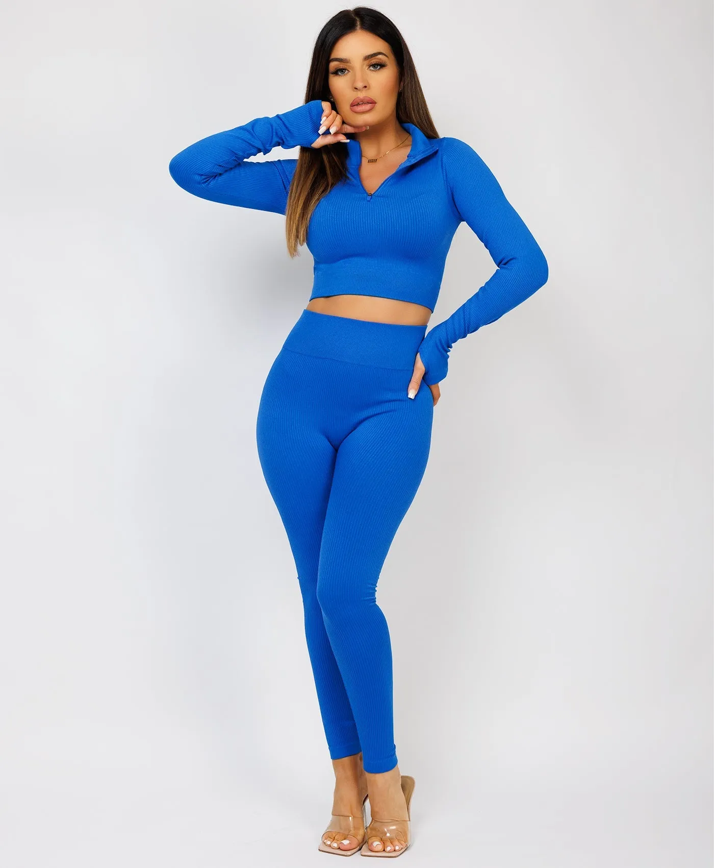 Royal Blue Half Zipped Neck Ribbed Activewear Set