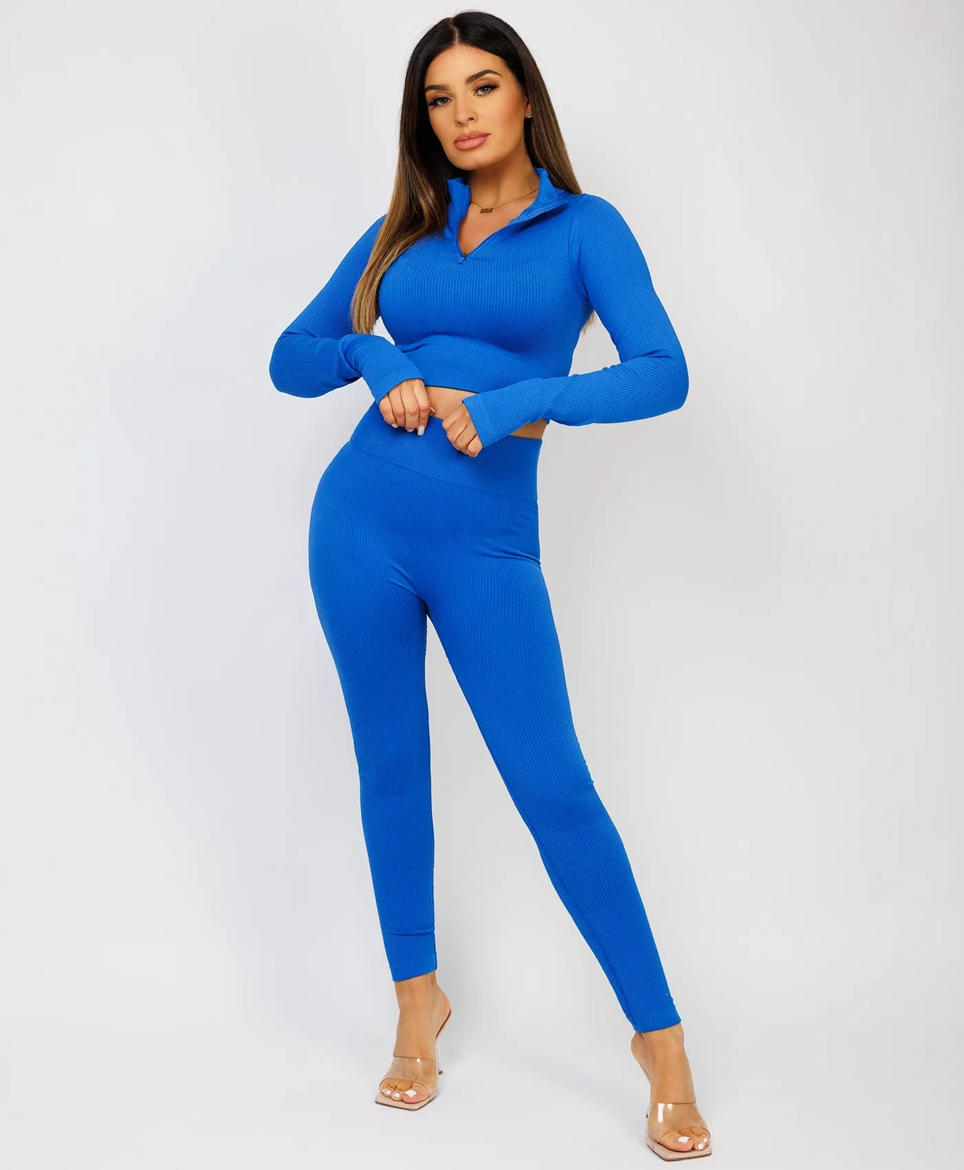 Royal Blue Half Zipped Neck Ribbed Activewear Set