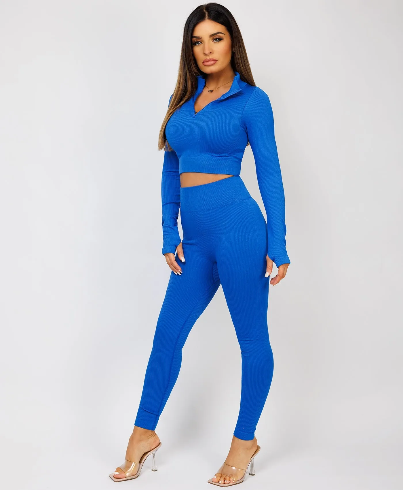 Royal Blue Half Zipped Neck Ribbed Activewear Set