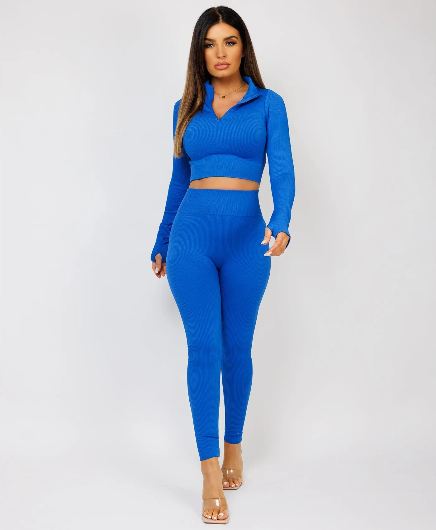 Royal Blue Half Zipped Neck Ribbed Activewear Set