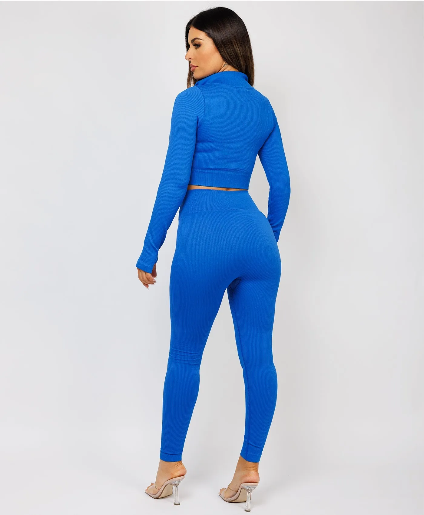 Royal Blue Half Zipped Neck Ribbed Activewear Set