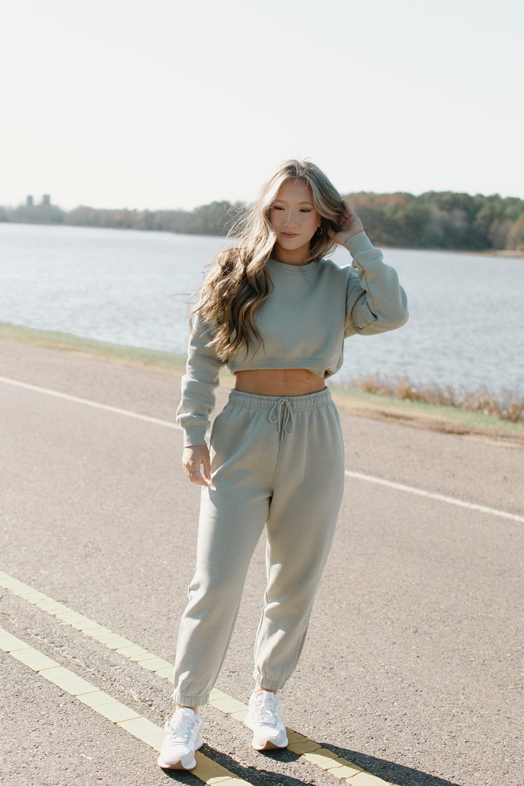 Sage Green Lounge Set Crop Sweatshirt