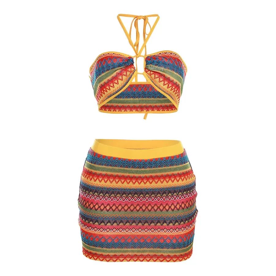 Sexy Halter Bandage Wrapped Swimwear Crop Top+Striped  Hip Skirts Colorful  Women Set