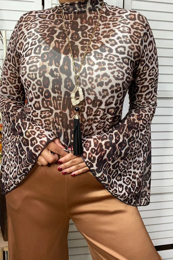 Sheer Leopard Bell Sleeve Top