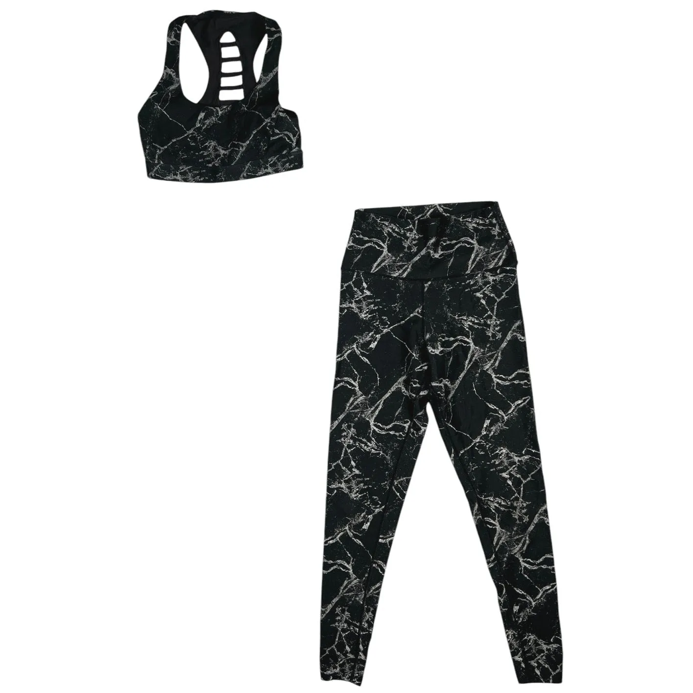 Soul Black White Marble Racerback Yoga Athletic Sports Bra Leggings Pants Set S