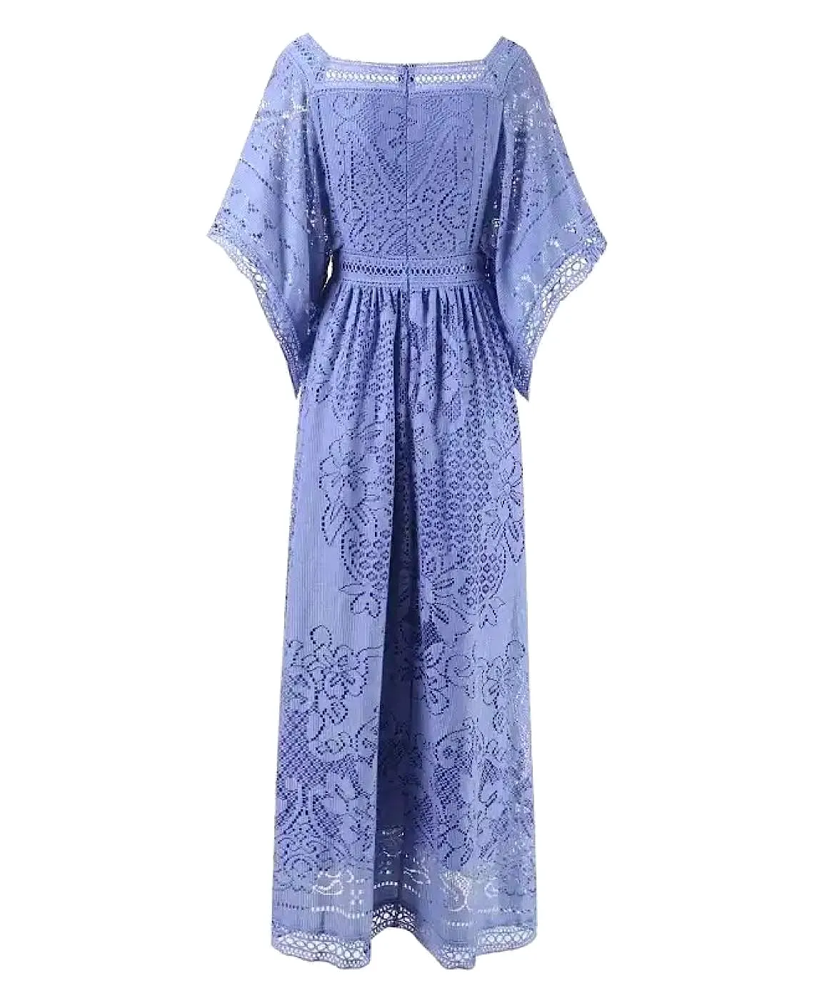 Square Neck Crochet Long Dress In Blue