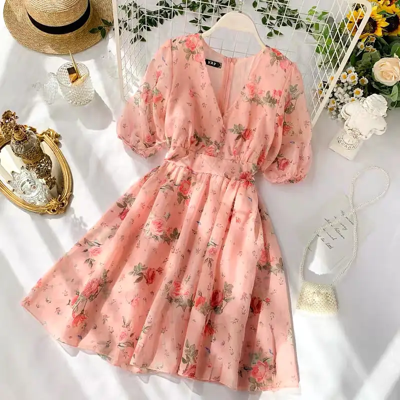 SWEET PINK FLOWER PRINT V-COLLAR DRESS BY32202