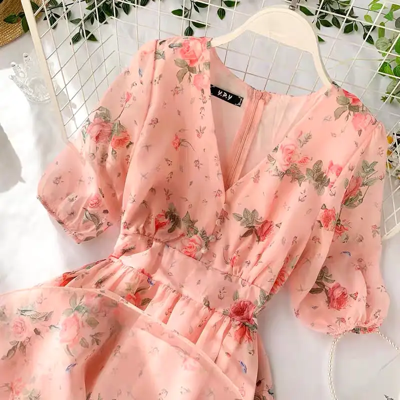 SWEET PINK FLOWER PRINT V-COLLAR DRESS BY32202