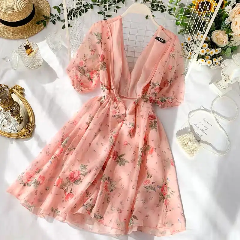 SWEET PINK FLOWER PRINT V-COLLAR DRESS BY32202