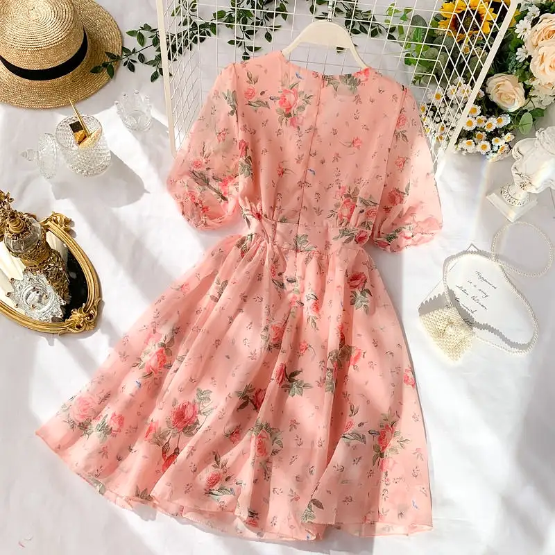 SWEET PINK FLOWER PRINT V-COLLAR DRESS BY32202