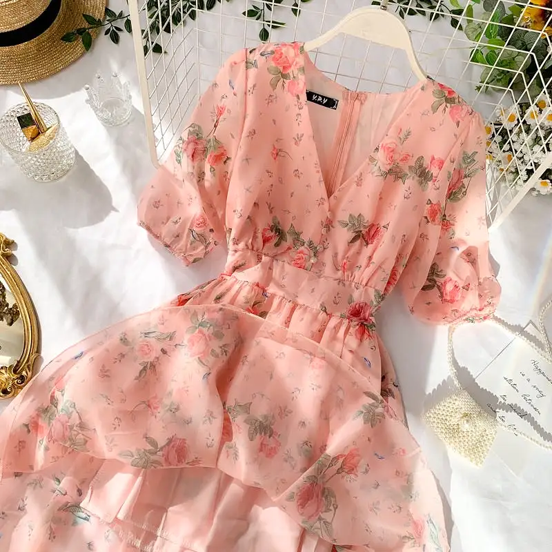 SWEET PINK FLOWER PRINT V-COLLAR DRESS BY32202