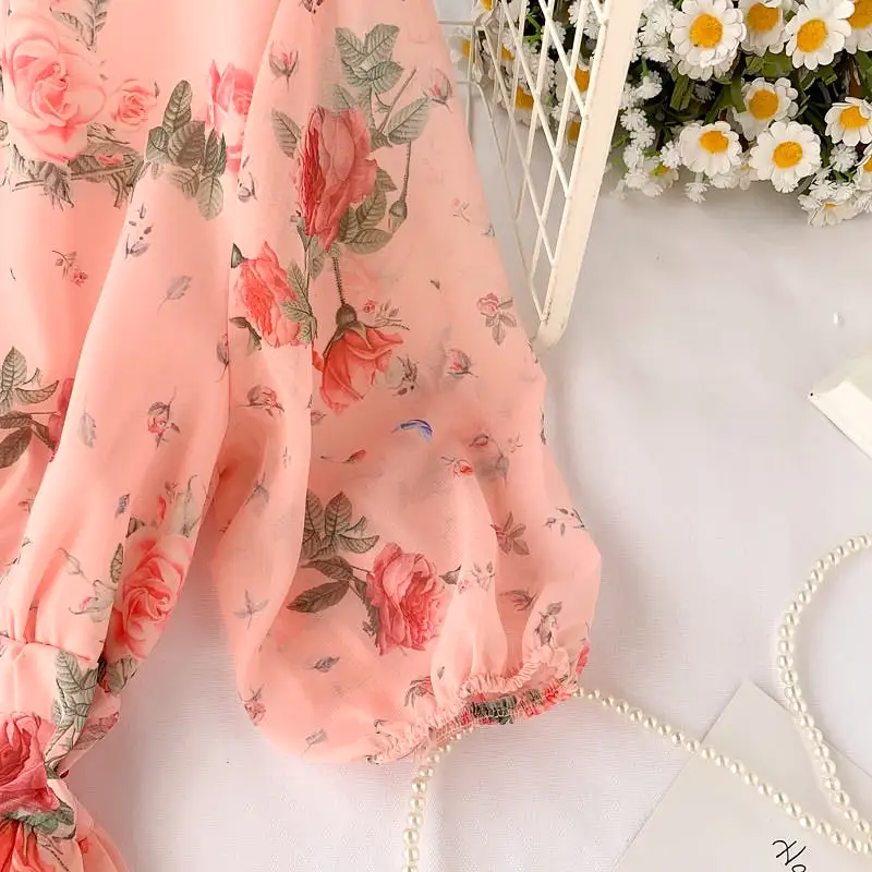 SWEET PINK FLOWER PRINT V-COLLAR DRESS BY32202