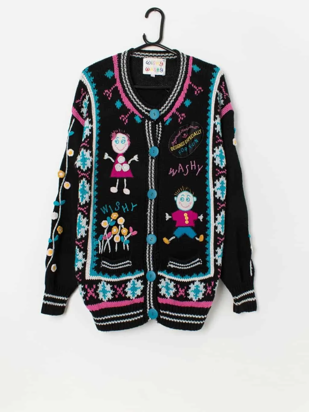 Vintage handknitted colourful cardigan with 3D flowers and characters – Medium