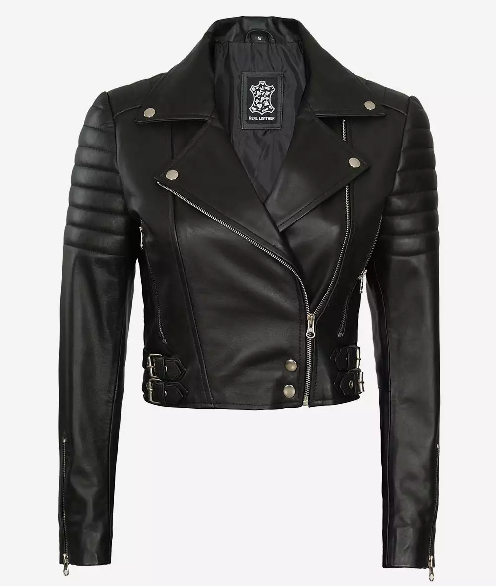 Women Asymmetrical Black Cropped Moto Leather Jacket