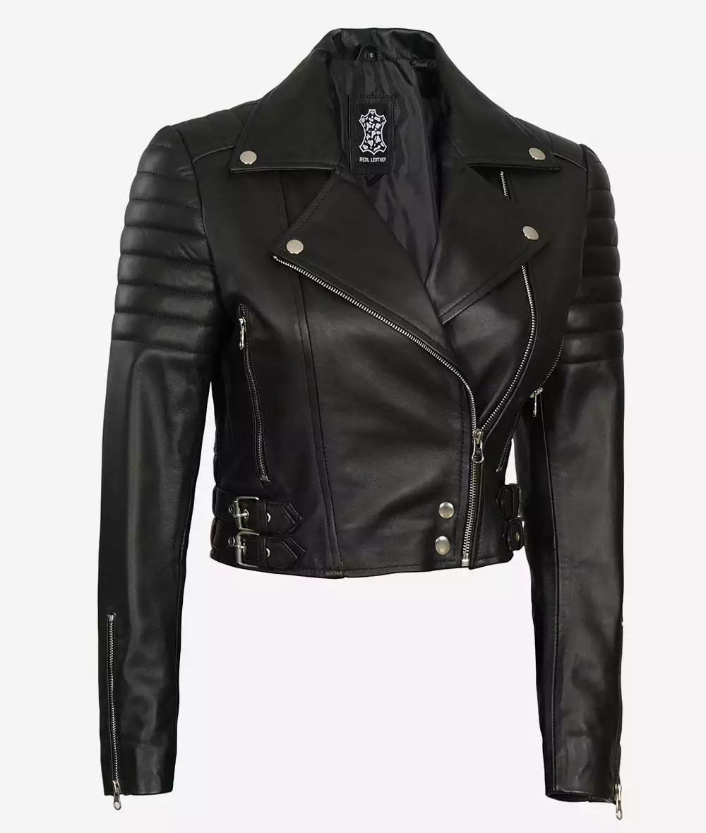 Women Asymmetrical Black Cropped Moto Leather Jacket