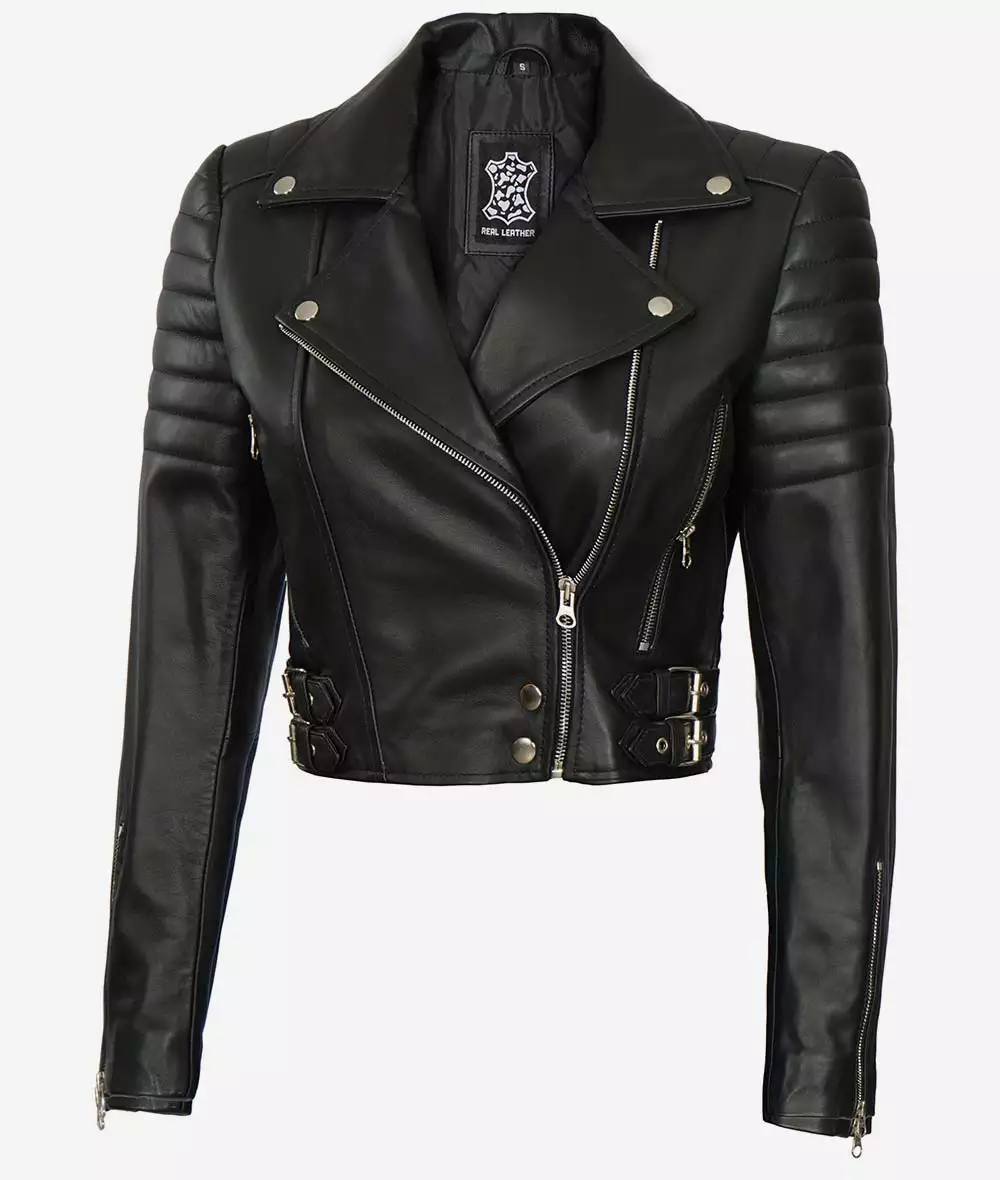 Women Asymmetrical Black Cropped Moto Leather Jacket