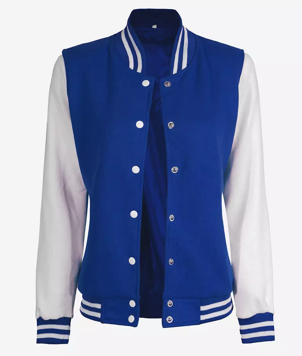 Women's White and Royal Blue Baseball Style Varsity Jacket