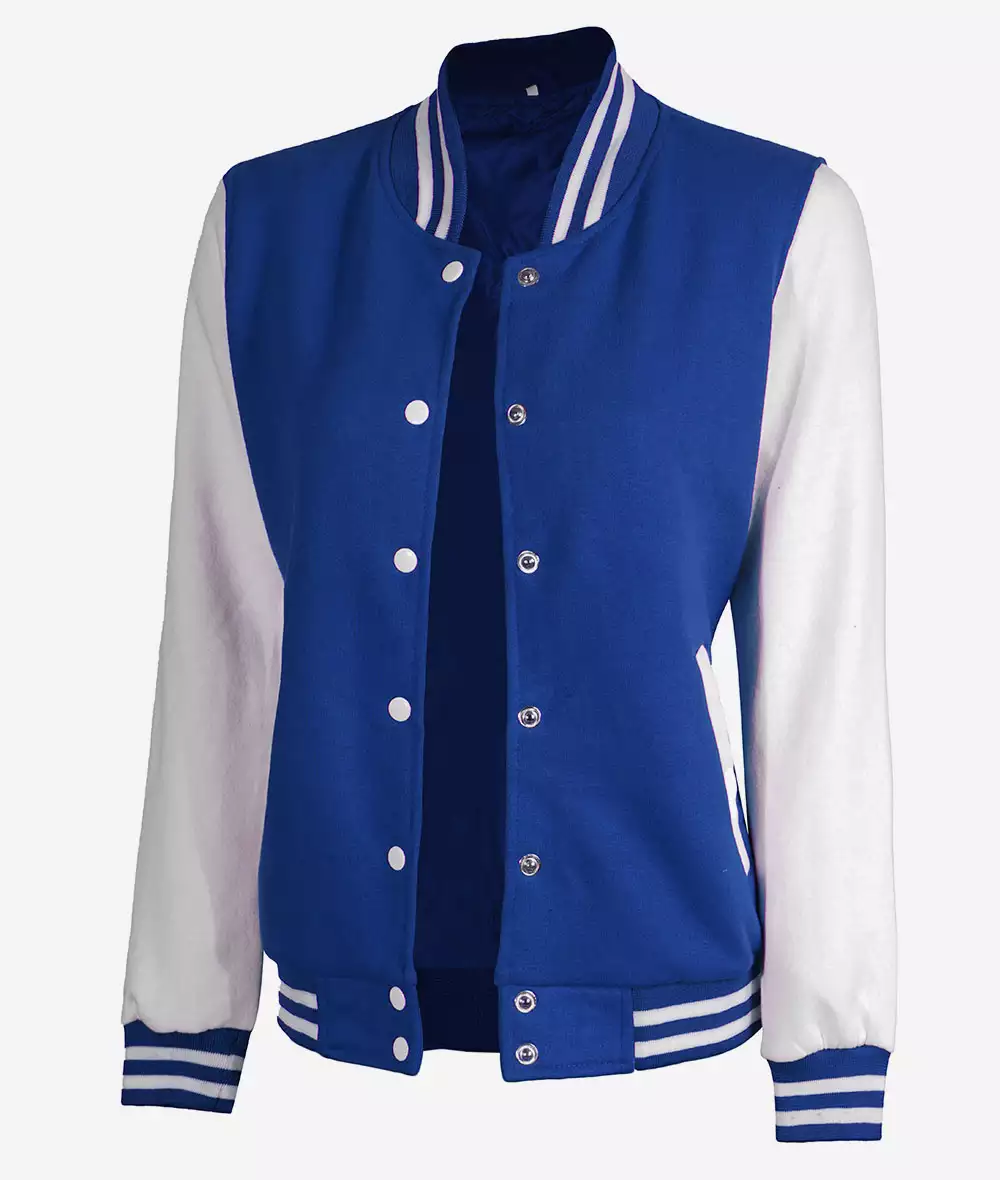 Women's White and Royal Blue Baseball Style Varsity Jacket