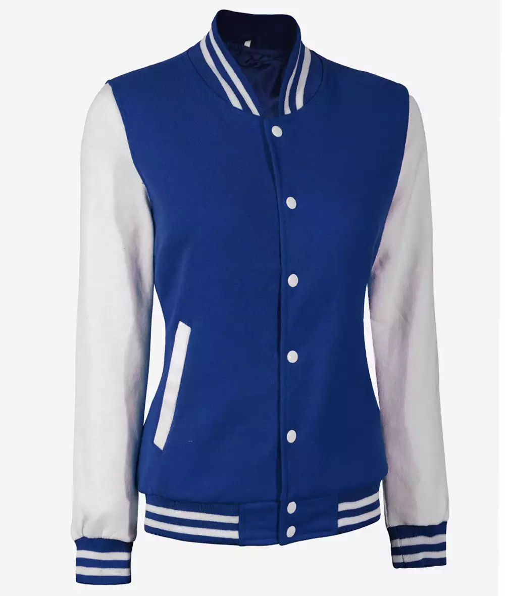 Women's White and Royal Blue Baseball Style Varsity Jacket