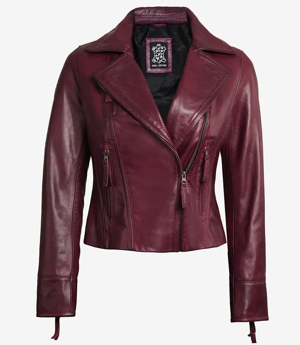 Womens Real Lambskin Leather Maroon Motorcycle Jacket