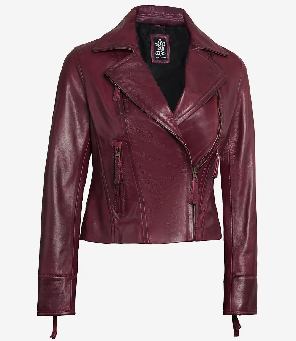 Womens Real Lambskin Leather Maroon Motorcycle Jacket