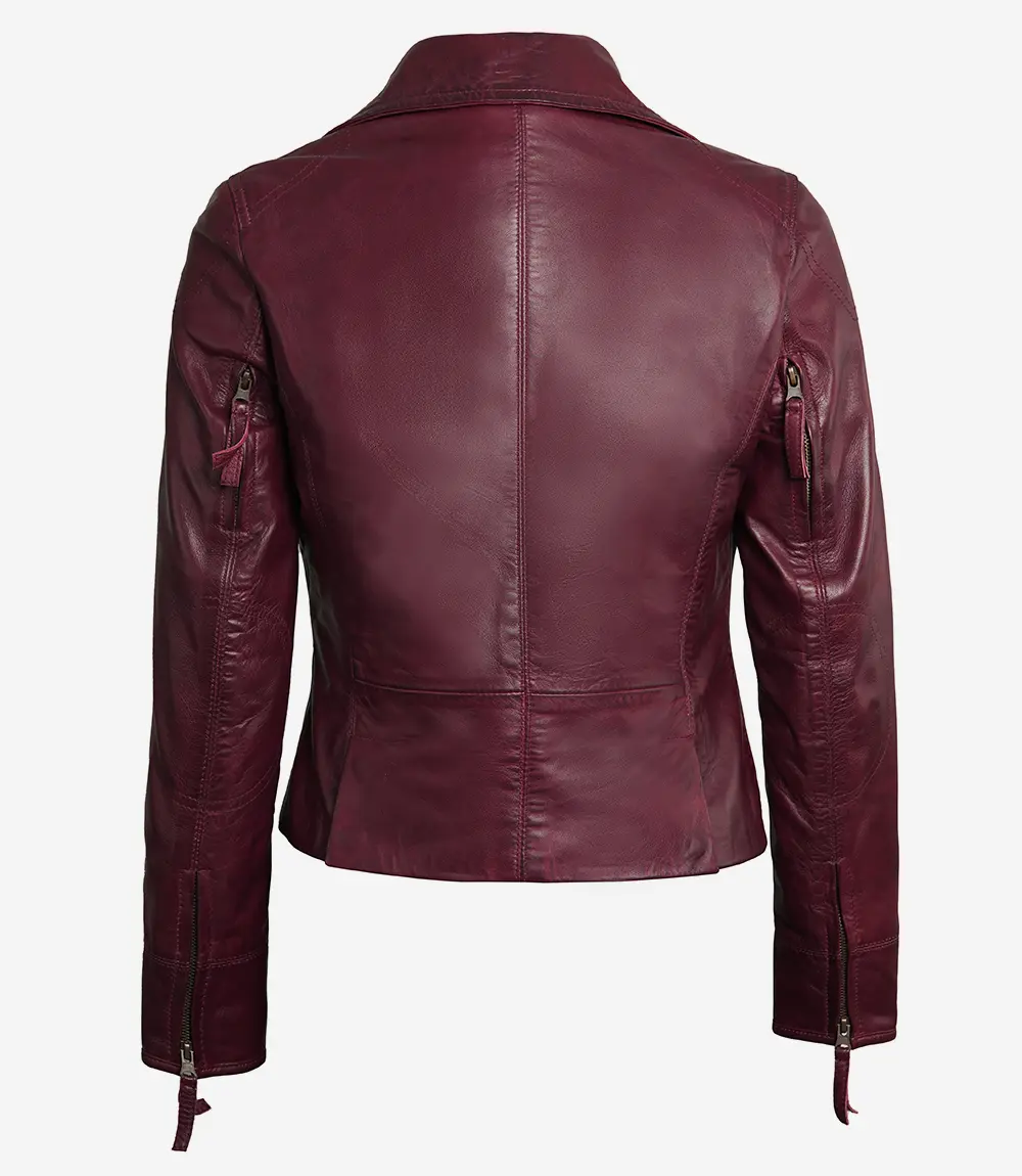 Womens Real Lambskin Leather Maroon Motorcycle Jacket